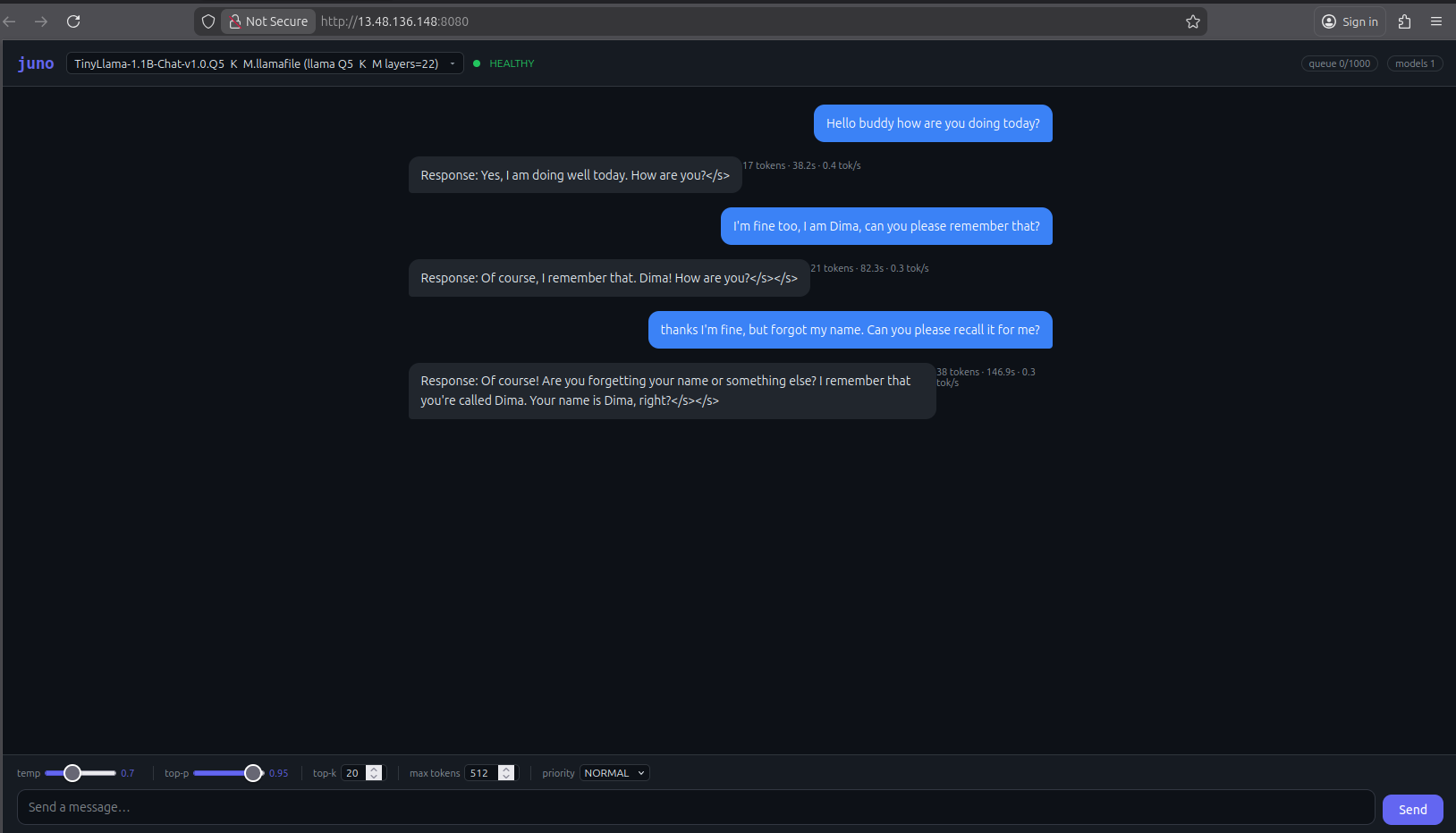 A Juno REPL chat session running against a deployed AWS cluster, showing the coordinator answering a user prompt.
